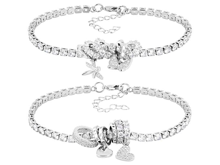 White Cubic Zirconia Rhodium Plated Charm Bracelet Set of 2 5.77ctw