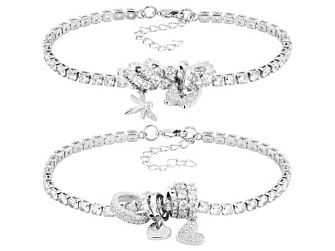 White Cubic Zirconia Rhodium Plated Charm Bracelet Set of 2 5.77ctw