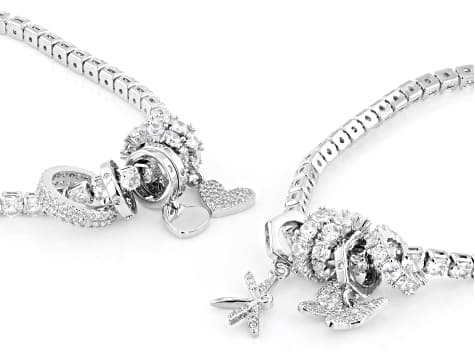 White Cubic Zirconia Rhodium Plated Charm Bracelet Set of 2 5.77ctw