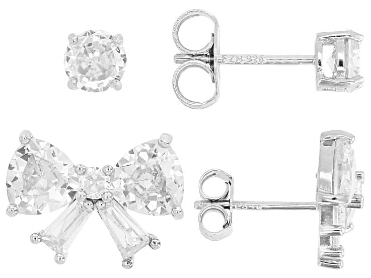 White Cubic Zirconia Rhodium Over Sterling Silver Bow Earring and Stud Set of 2 7.07ctw