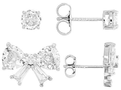 White Cubic Zirconia Rhodium Over Sterling Silver Bow Earring and Stud Set of 2 7.07ctw