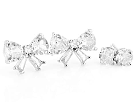 White Cubic Zirconia Rhodium Over Sterling Silver Bow Earring and Stud Set of 2 7.07ctw