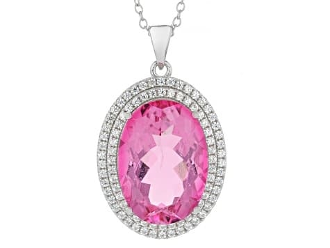 Hot Pink Quartz Rhodium Over Sterling Silver Pendant with Chain 12.00ctw