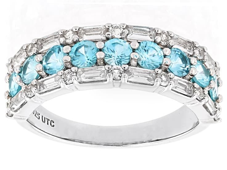 Blue Zircon Rhodium Over Sterling Silver Band Ring 2.14ctw