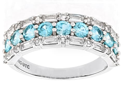 Blue Zircon Rhodium Over Sterling Silver Band Ring 2.14ctw