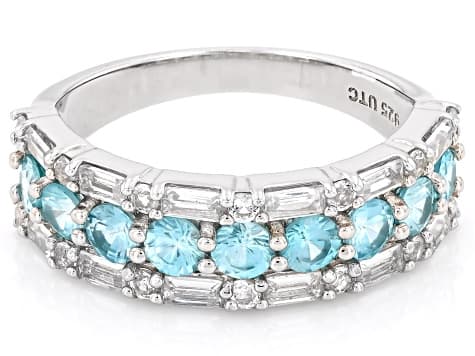 Blue Zircon Rhodium Over Sterling Silver Band Ring 2.14ctw