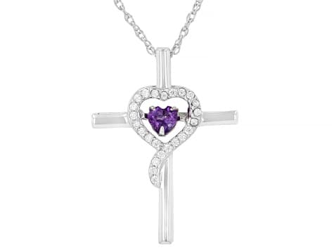 Purple Amethyst Rhodium Over Sterling Silver Heart Cross Pendant With Chain 0.40ctw