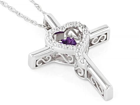 Purple Amethyst Rhodium Over Sterling Silver Heart Cross Pendant With Chain 0.40ctw