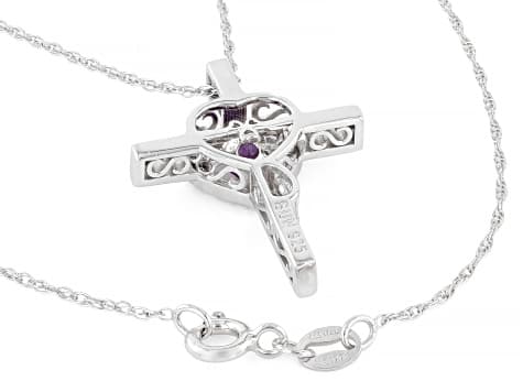 Purple Amethyst Rhodium Over Sterling Silver Heart Cross Pendant With Chain 0.40ctw