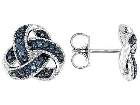 Blue Diamond Rhodium Over Sterling Silver Love Knot Stud Earrings 0.10ctw
