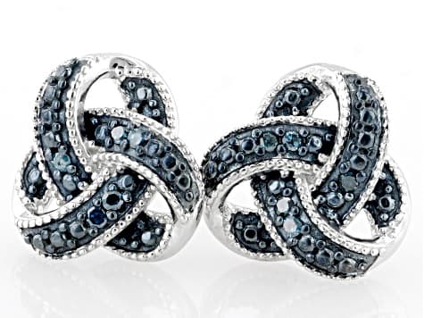 Blue Diamond Rhodium Over Sterling Silver Love Knot Stud Earrings 0.10ctw