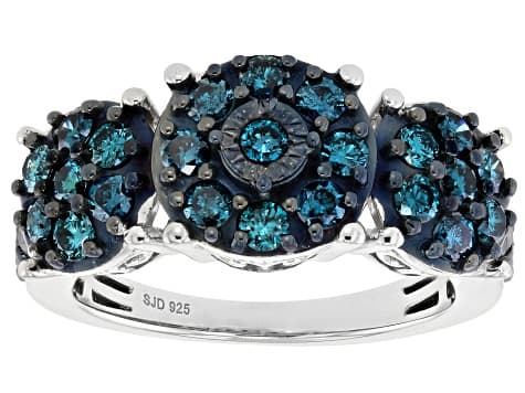 Blue Diamond Rhodium Over Sterling Silver Cluster Ring 1.25ctw