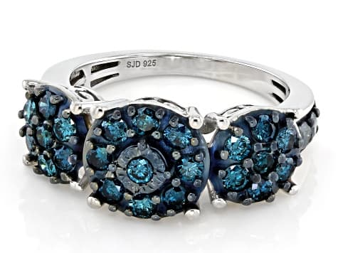 Blue Diamond Rhodium Over Sterling Silver Cluster Ring 1.25ctw