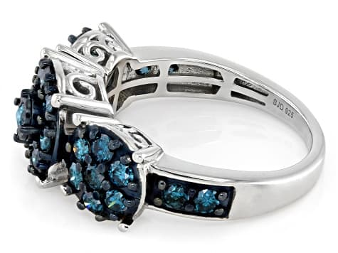 Blue Diamond Rhodium Over Sterling Silver Cluster Ring 1.25ctw