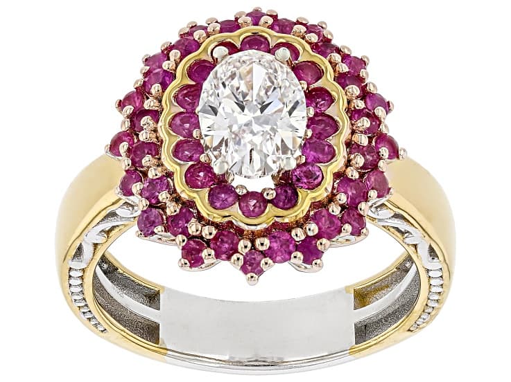 White Lab Grown Diamond With Ruby Rhodium/24k Gold Over Palladium Sterling Silver Ring 1.86ctw