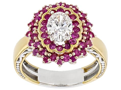 White Lab Grown Diamond With Ruby Rhodium/24k Gold Over Palladium Sterling Silver Ring 1.86ctw