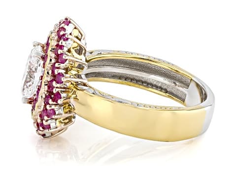 White Lab Grown Diamond With Ruby Rhodium/24k Gold Over Palladium Sterling Silver Ring 1.86ctw