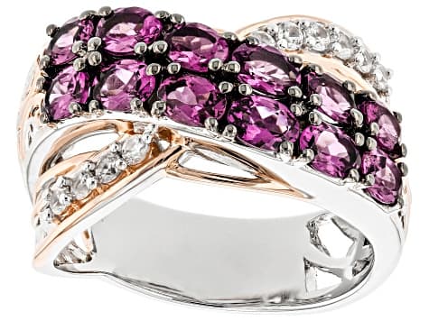 Purple Color Shift Garnet, White Zircon Rhodium/18k Gold Over Palladium Silver Ring 2.85ctw