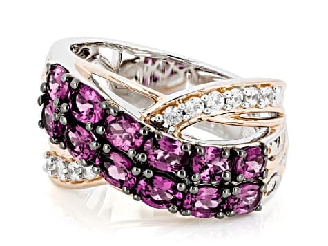 Purple Color Shift Garnet, White Zircon Rhodium/18k Gold Over Palladium Silver Ring 2.85ctw