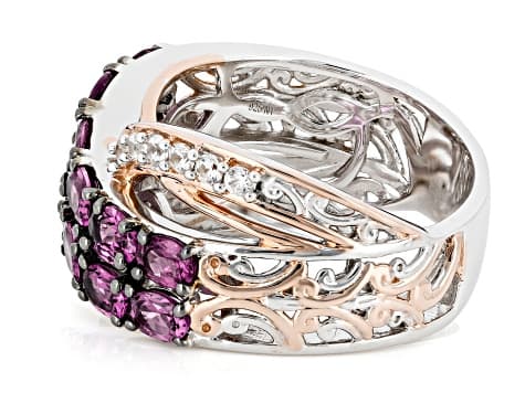 Purple Color Shift Garnet, White Zircon Rhodium/18k Gold Over Palladium Silver Ring 2.85ctw