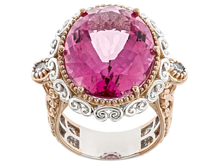 Pink Topaz, White Zircon Rhodium & 18k Rose Gold Over Palladium Sterling Silver Ring 21.73ctw