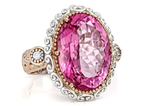 Pink Topaz, White Zircon Rhodium & 18k Rose Gold Over Palladium Sterling Silver Ring 21.73ctw