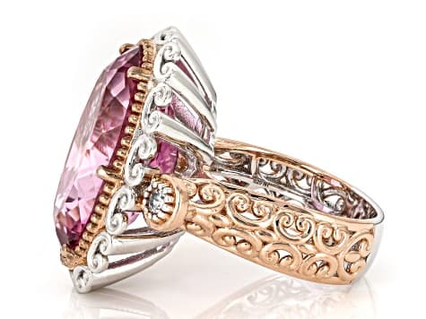 Pink Topaz, White Zircon Rhodium & 18k Rose Gold Over Palladium Sterling Silver Ring 21.73ctw