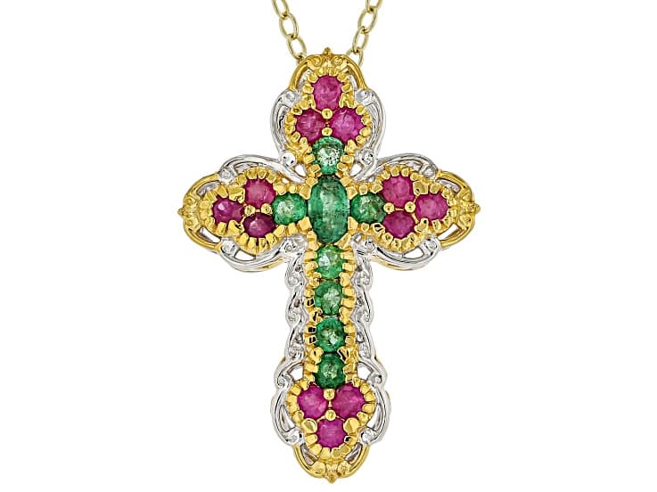 Ruby, Grizzly Emerald Rhodium/24k Gold Over Palladium Sterling Silver Cross Pendant/Chain 1.41ctw