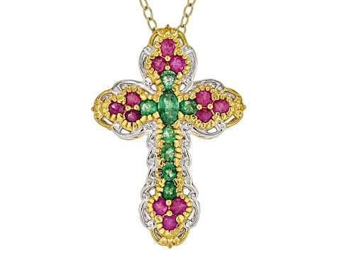 Ruby, Grizzly Emerald Rhodium/24k Gold Over Palladium Sterling Silver Cross Pendant/Chain 1.41ctw
