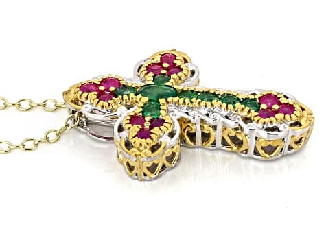 Ruby, Grizzly Emerald Rhodium/24k Gold Over Palladium Sterling Silver Cross Pendant/Chain 1.41ctw