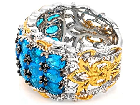 Blue Neon Apatite Rhodium/24k Yellow Gold Over Palladium Sterling Silver Band Ring 3.57ctw