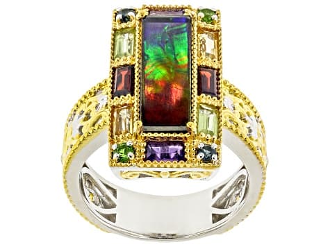 Ammolite Triplet, Multi-Gemstone Rhodium & 24k Gold Over Palladium Sterling Silver Ring 1.18ctw