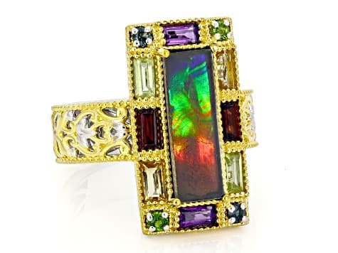 Ammolite Triplet, Multi-Gemstone Rhodium & 24k Gold Over Palladium Sterling Silver Ring 1.18ctw