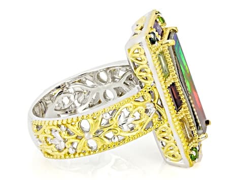Ammolite Triplet, Multi-Gemstone Rhodium & 24k Gold Over Palladium Sterling Silver Ring 1.18ctw
