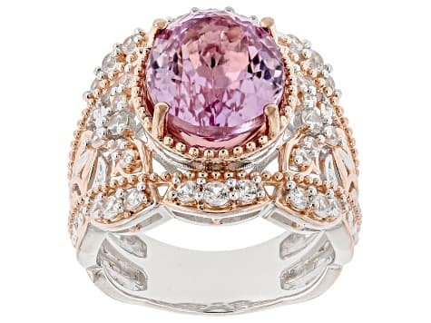 Pink Kunzite With White Zircon Rhodium & 18k Gold Over Palladium Sterling Silver Ring 7.71ctw