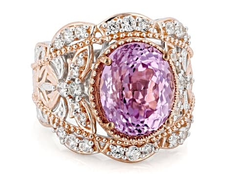 Pink Kunzite With White Zircon Rhodium & 18k Gold Over Palladium Sterling Silver Ring 7.71ctw
