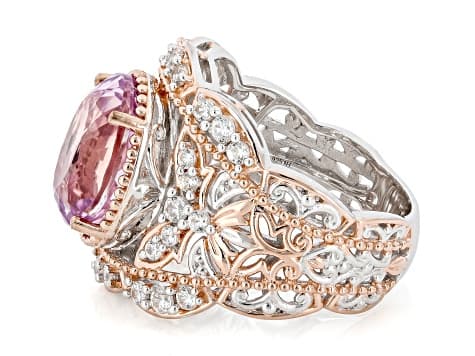 Pink Kunzite With White Zircon Rhodium & 18k Gold Over Palladium Sterling Silver Ring 7.71ctw