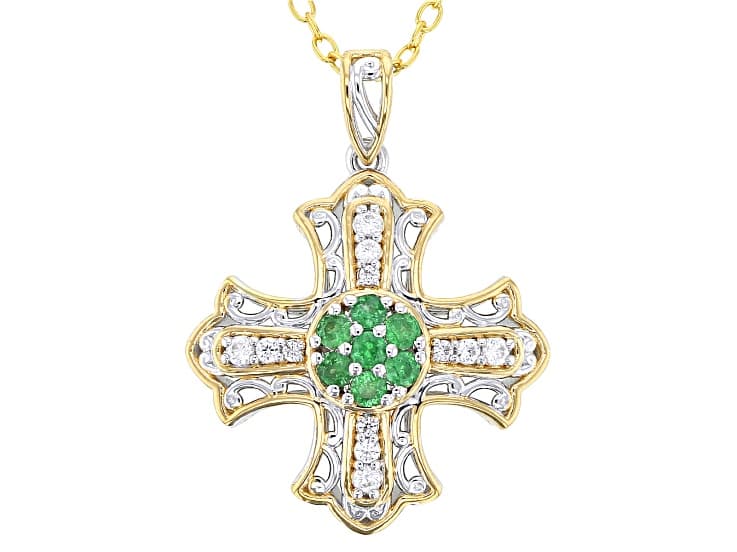 Green Tsavorite, Zircon Rhodium & 24k Gold Over Palladium Silver Cross Pendant W/Chain 0.64ctw