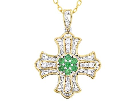Green Tsavorite, Zircon Rhodium & 24k Gold Over Palladium Silver Cross Pendant W/Chain 0.64ctw