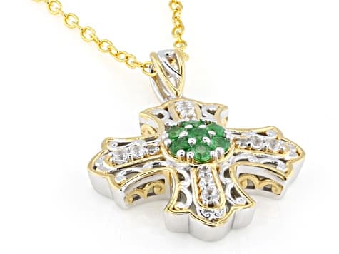 Green Tsavorite, Zircon Rhodium & 24k Gold Over Palladium Silver Cross Pendant W/Chain 0.64ctw