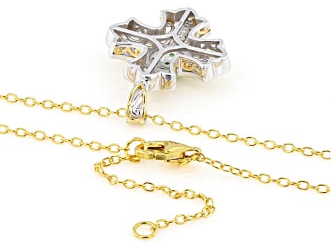 Green Tsavorite, Zircon Rhodium & 24k Gold Over Palladium Silver Cross Pendant W/Chain 0.64ctw