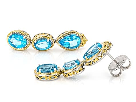 Paraiba Color Topaz 24k Yellow Gold And Rhodium Over Palladium Sterling Silver Earrings 7.87ctw