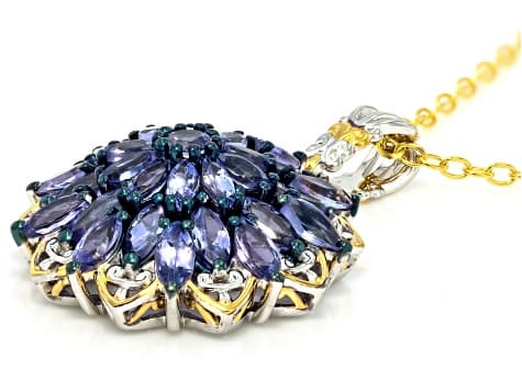 Tanzanite Rhodium/24k Yellow Gold Over Pallidum Sterling Silver Cluster Pendant/Chain 3.96ctw