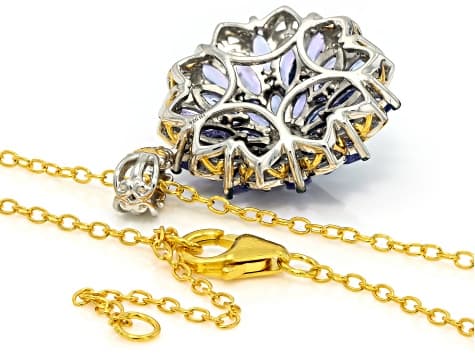 Tanzanite Rhodium/24k Yellow Gold Over Pallidum Sterling Silver Cluster Pendant/Chain 3.96ctw