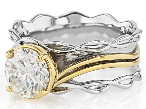 Moissanite Platineve And 14k Yellow Gold Over Sliver Ring 1.90ct DEW