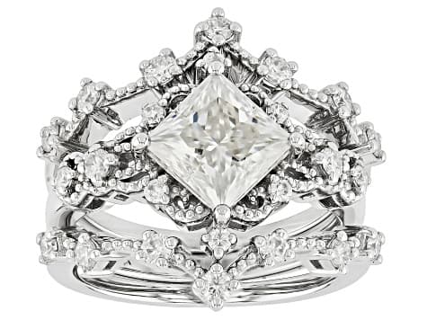 Moissanite Platineve Ring With Two Chevron Bands 2.38ctw DEW.