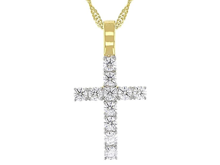 Moissanite 14k Yellow Gold Silver Cross Pendant 1.10ctw DEW