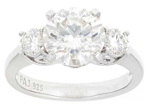 Moissanite Platineve Three Stone Ring 3.20ctw DEW