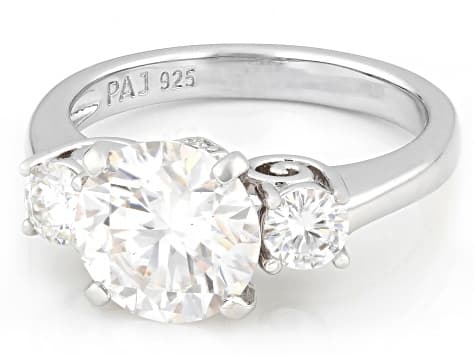 Moissanite Platineve Three Stone Ring 3.20ctw DEW