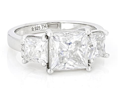 Moissanite Three Stone Platineve Ring 4.46ctw DEW